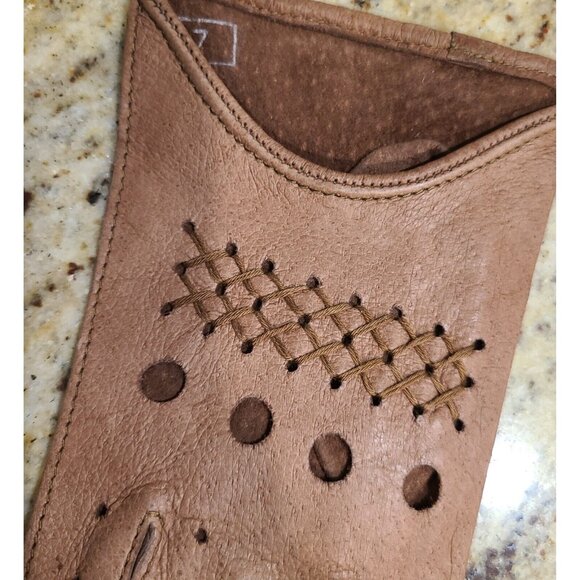 New! Women's Size S Brown Pigskin Leather Driving Gloves Knuckle Holes Stitching - Picture 3 of 12